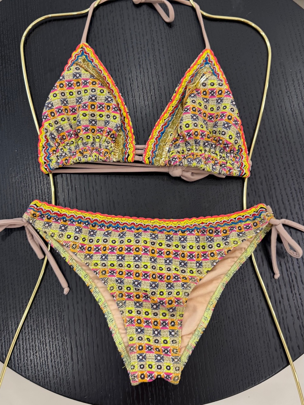 Yellow Multi-Color Embroidered Triangle Bikini - Picture 12 of 16